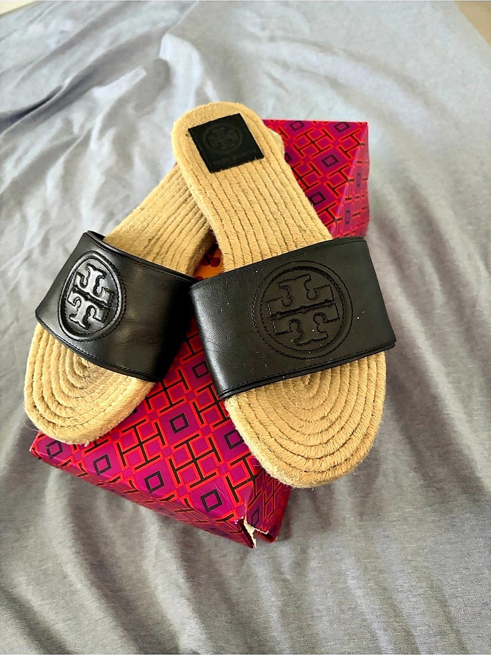Tory Burch Benton Open Toe Espadrille Slide Black & Tan US 7